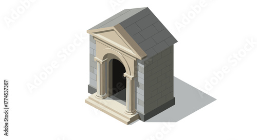 Isometric ancient building with greek columns and shadow on white background