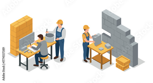 Isometric construction scene with workers building brick walls and engineers planning