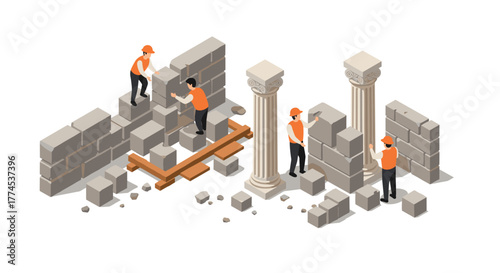 Isometric construction workers building brick and column walls with precision and teamwork