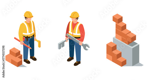 Isometric construction workers with tools and bricks on white background