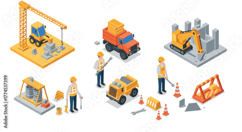 Isometric construction scene with workers, vehicles, and equipment for urban development