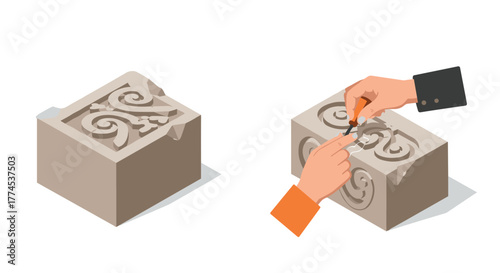 Stone carving process: hands sculpting detailed ornamental blocks