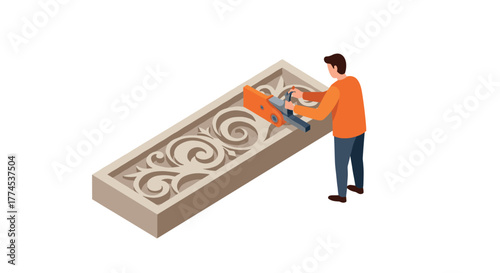 Man operating wood carving machine in isometric style workshop scene