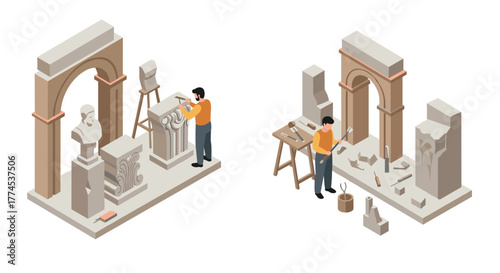 Isometric craftsmen sculpting classic architecture elements in workshop setting