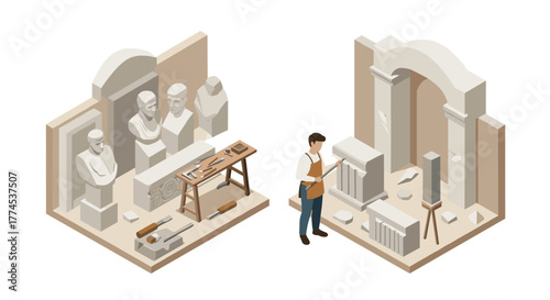 Isometric workshop scene with stone carver crafting classical sculptures and tools