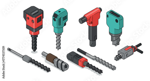Isometric power drills and drill bits collection in modern design