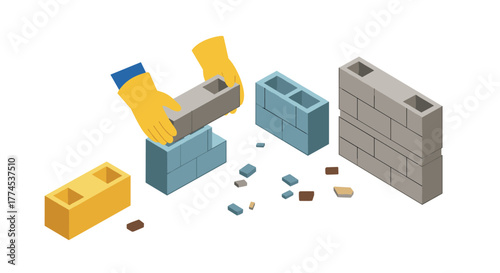 Building blocks construction with colorful bricks in isometric view