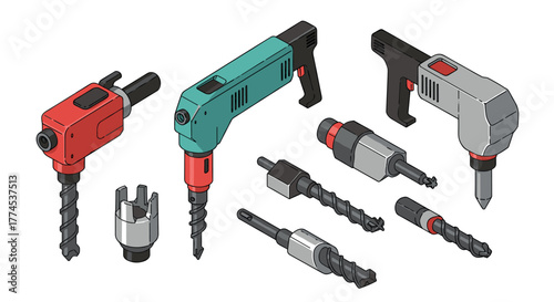 Isometric electric drill set with attachments for home improvement projects