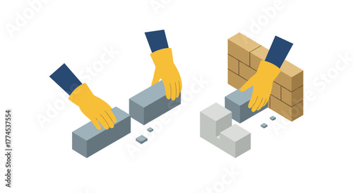 Isometric building process with hands placing bricks and blocks