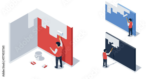 Isometric room painting process with color variations and painter in action