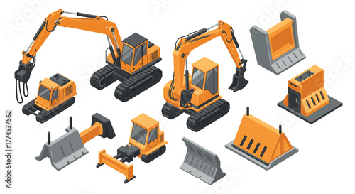 Isometric construction equipment set with excavators and attachments