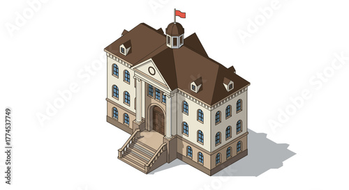 Historic isometric building with red flag and symmetrical architecture on white background