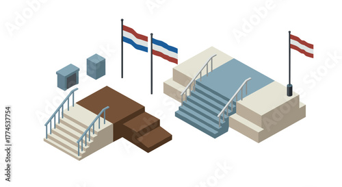 Isometric staircases and flags with outdoor platforms and railings