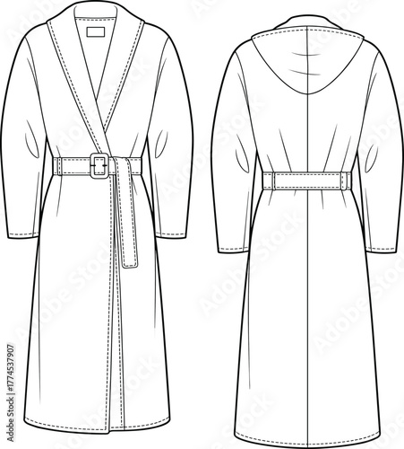 Bathrobe design, fashion flat sketch, technical cad drawing, vector illustration, apparel template, garment outline, clothing construction, belted robe, loungewear style