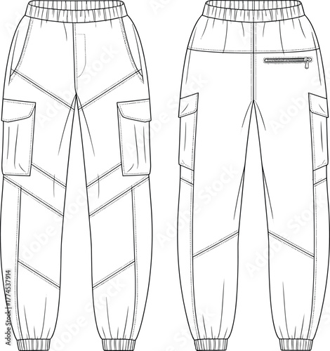 Cargo jogger pants flat sketch, elastic waistband design, fashion CAD drawing, technical vector illustration, apparel design template, garment outline, clothing mockup