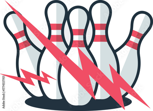 Bowling strike vector graphic featuring five pins and an electrifying red lightning bolt symbol for sports design