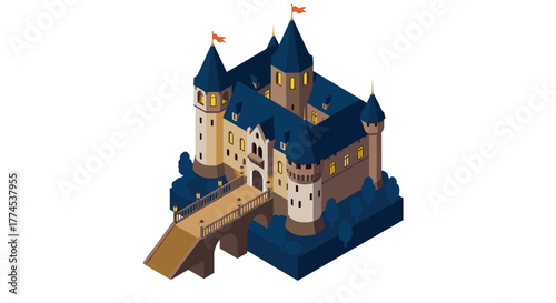 Isometric medieval castle with towers and bridge in nighttime setting