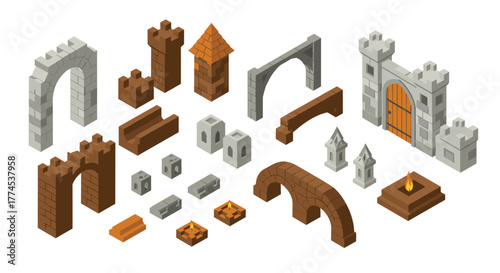 Medieval castle elements isometric design for game development and animation projects