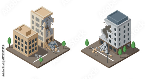 Isometric depiction of earthquake damage on urban buildings with debris and cracks