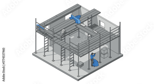 Isometric construction scene with workers on scaffolding platform