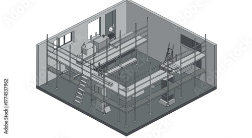 Isometric office renovation with scaffolding and ladders in modern workspace setting