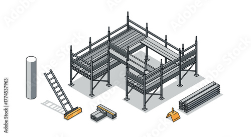 Scaffolding construction site elements in isometric style for architectural projects