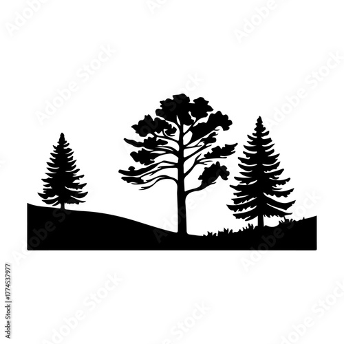 Black Pine Forest Silhouette with Rolling Hills Vector Illustration