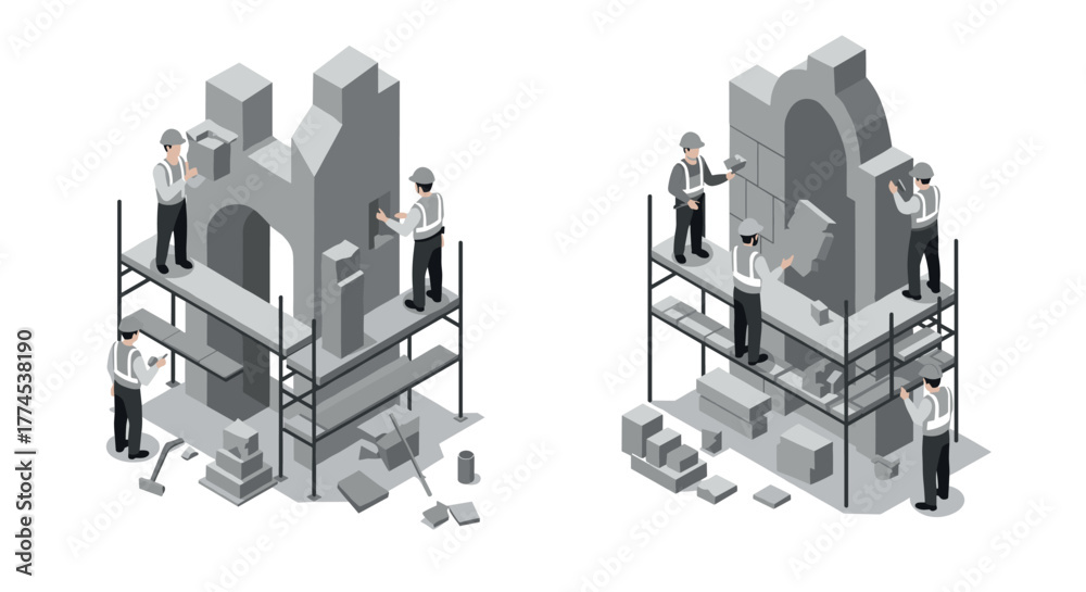 Fototapeta premium Isometric construction site: workers building architectural structures