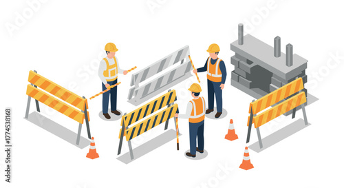 Isometric construction workers with safety barriers and equipment