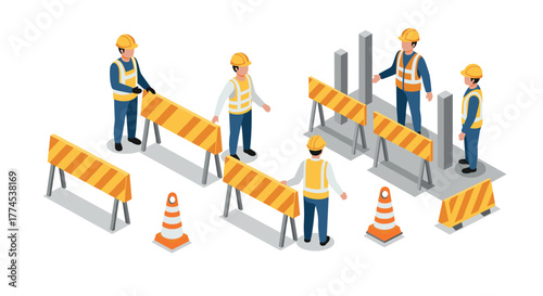 Isometric construction workers and traffic barriers scene