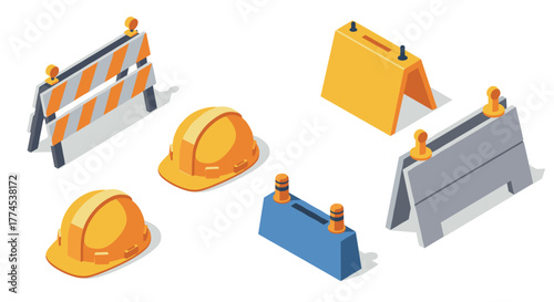 Construction equipment isometric icons: barrier, hard hat, and traffic cone set