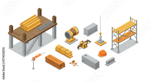Isometric construction tools and materials collection for modern design projects