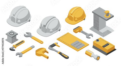 Isometric construction tools and equipment set with hard hats and wrenches