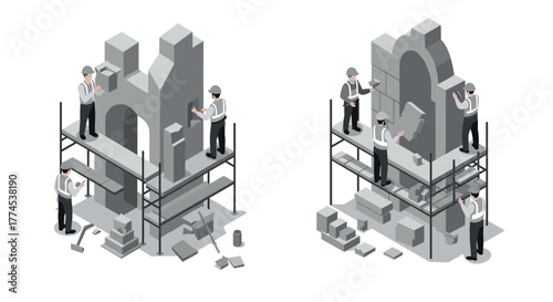 Isometric construction site: workers building architectural structures