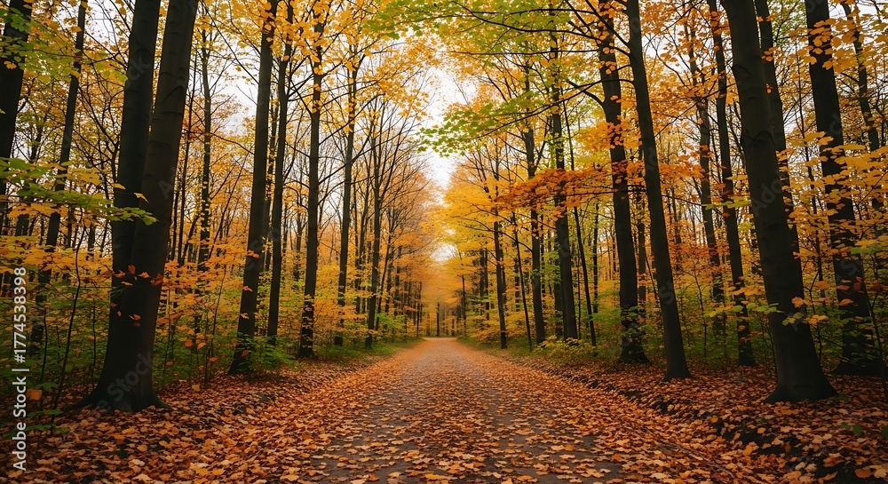 Obraz premium Autumnal forest path lined with tall trees and colorful foliage