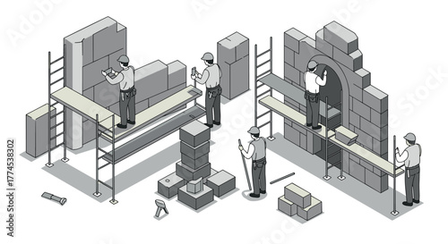 Construction workers building brick structures with scaffolding in isometric style design