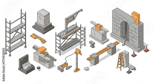 Isometric construction elements and equipment in modern design