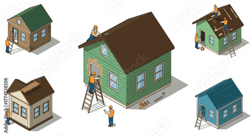 Construction workers renovating isometric houses with ladders and tools
