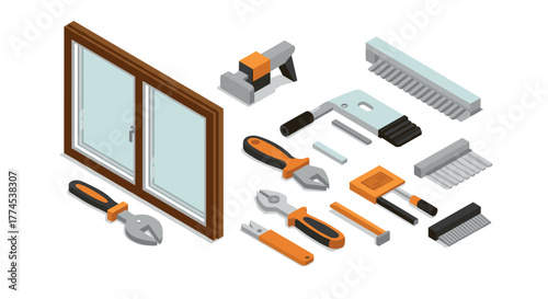 Isometric home improvement tools set with window and repair accessories