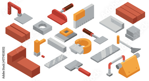 Isometric construction tools set with modern geometric design elements