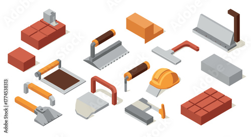 Isometric building tools and materials set for construction projects