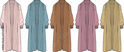 Collection of five fashionable women's long cardigans in various soft pastel and earthy tones, showcasing elegant drape and sleeve design