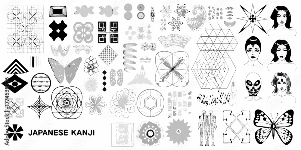 Collection of japanese kanji symbols abstract designs geometric patterns and stylized portraits in grayscale