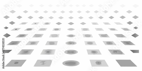 Abstract geometric pattern with repeating diamond shapes fading into a perspective grid of circular and square elements