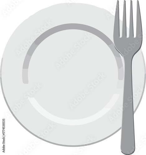 Empty white dinner plate and silver fork vector graphic for meal preparation and dining concepts
