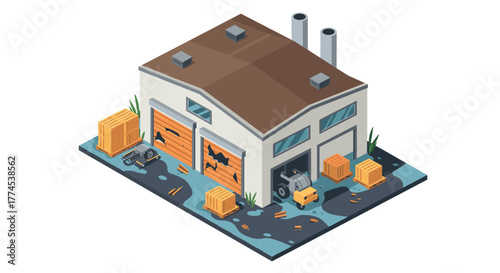 Isometric abandoned warehouse with crates and overgrown plants