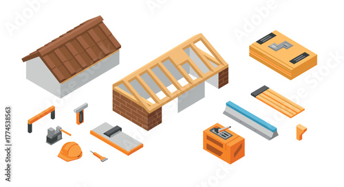 Construction tools and building process isometric design with roof components
