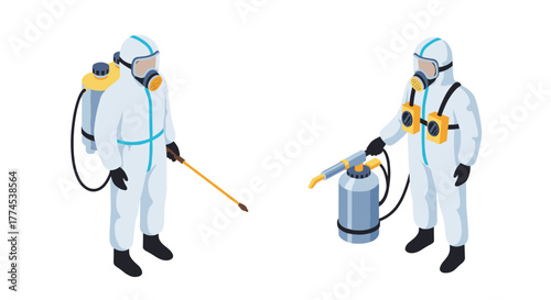 Isometric pest control workers in full protective gear with sprayers