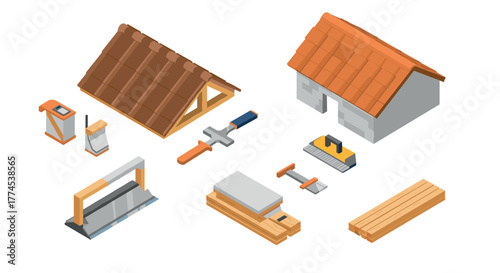 Isometric building tools and roof construction set for home projects