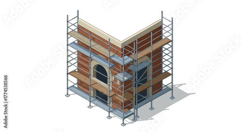 Isometric scaffolding on brick building for construction and renovation projects
